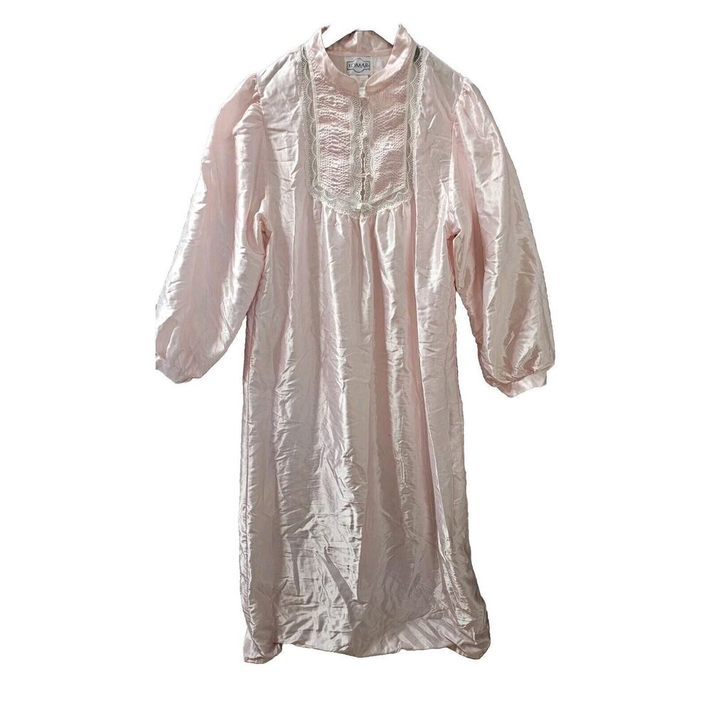 Komar Vintage Women’s Pink Satin Long Nightgown Smocked Lace Button Small 8-10